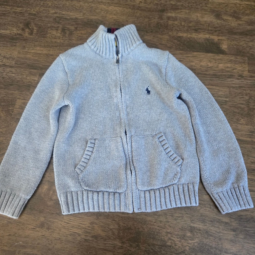Polo Ralph Lauren Boys 4 4T Gray Full Zip Cotton Cardigan Sweater Mock Neck